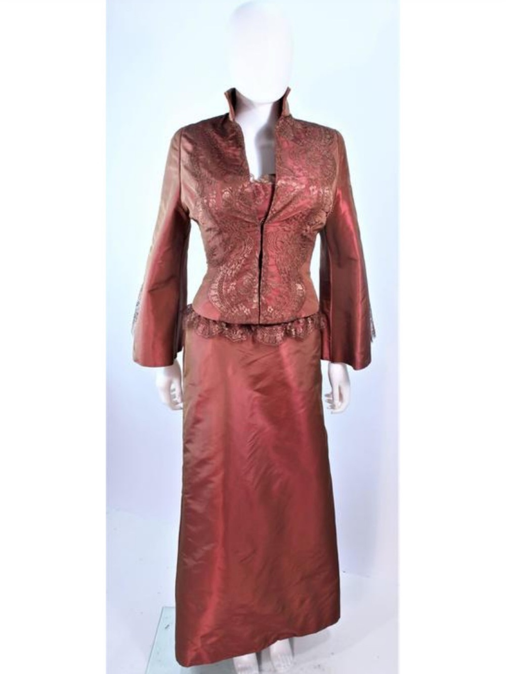 ELIZABETH FILLMORE Bronze Lace & Satin Evening Gown Ensemble with Coat
Size 12